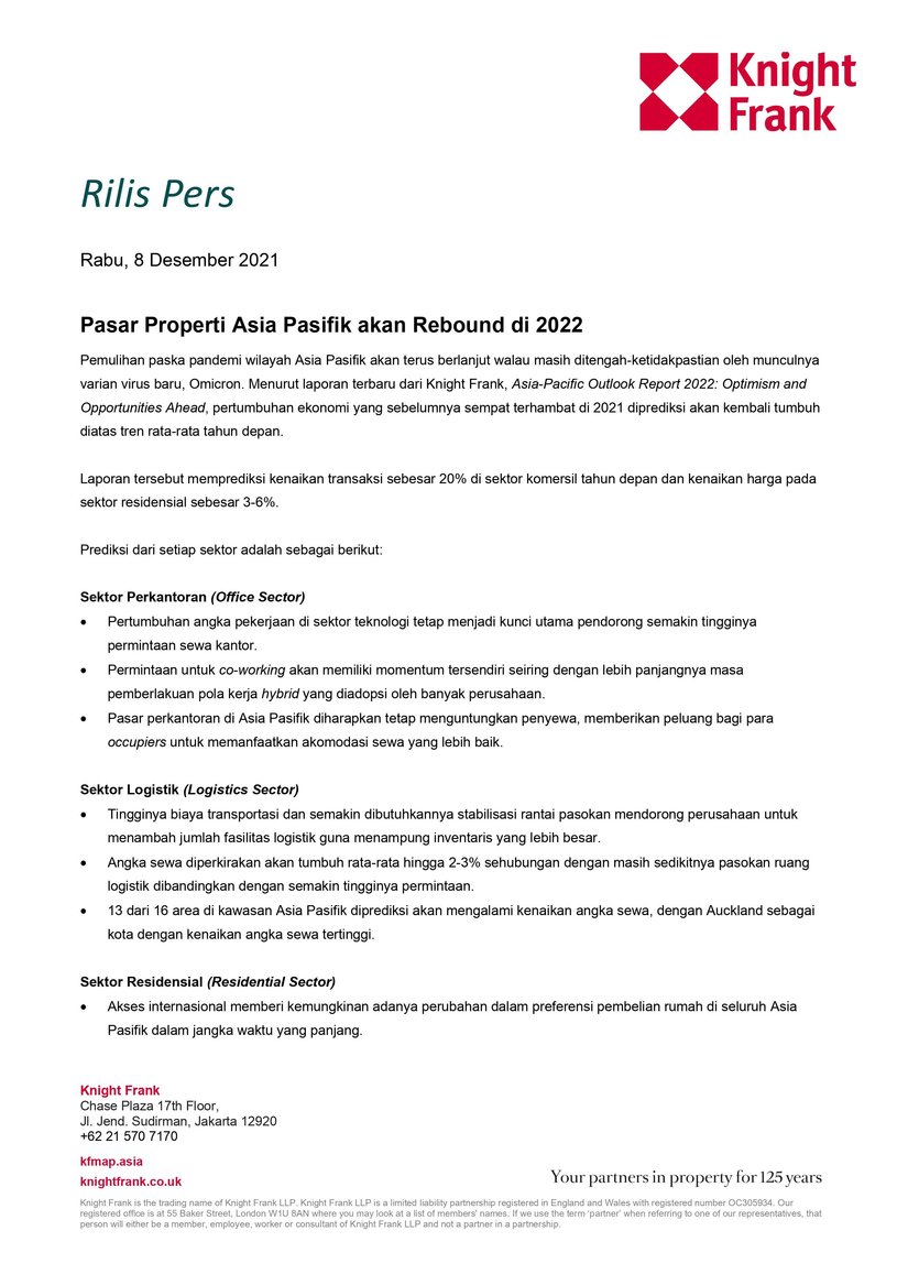 Rilis Pers - Pasar Properti Asia Pasifik akan Rebound di 2022 | KF Map Indonesia Property, Infrastructure
